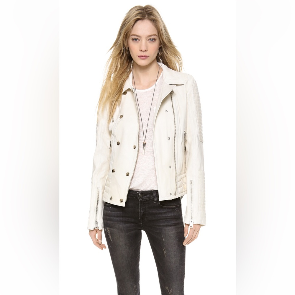 Annie Bing Moto 100% Lambskin Leather Jacket in Ivory/Dirty White